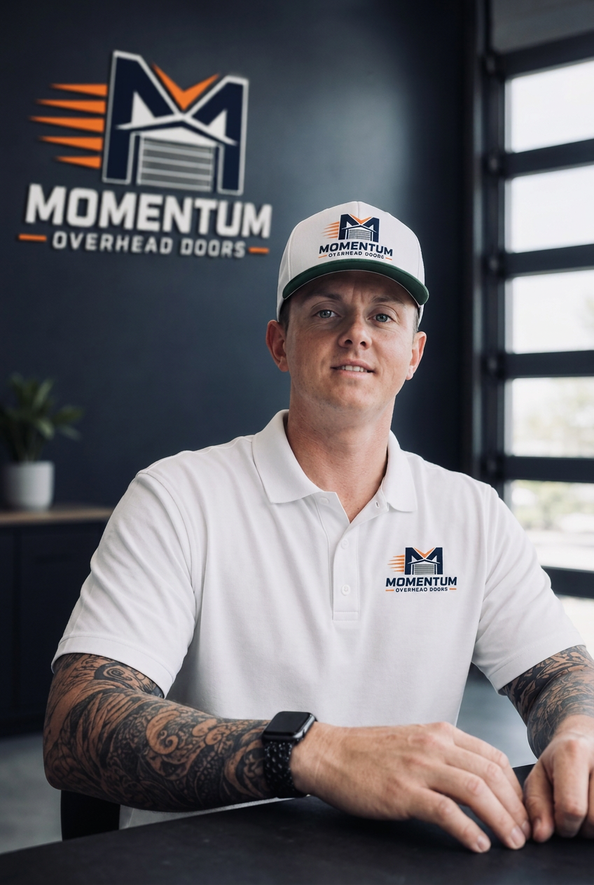 Moe Moustafa, Founder and Owner of Momentum Overhead Doors, wearing a branded white polo and cap in the Charlotte office.