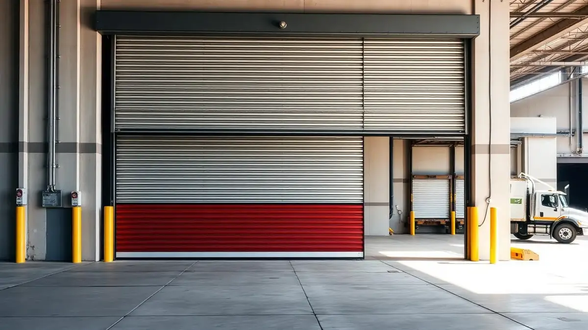 Commercial rolling steel overhead door and residential sectional garage door serviced by a technician