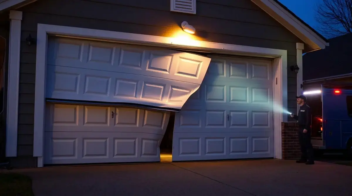 Off-track residential garage door at twilight with technician and service van responding