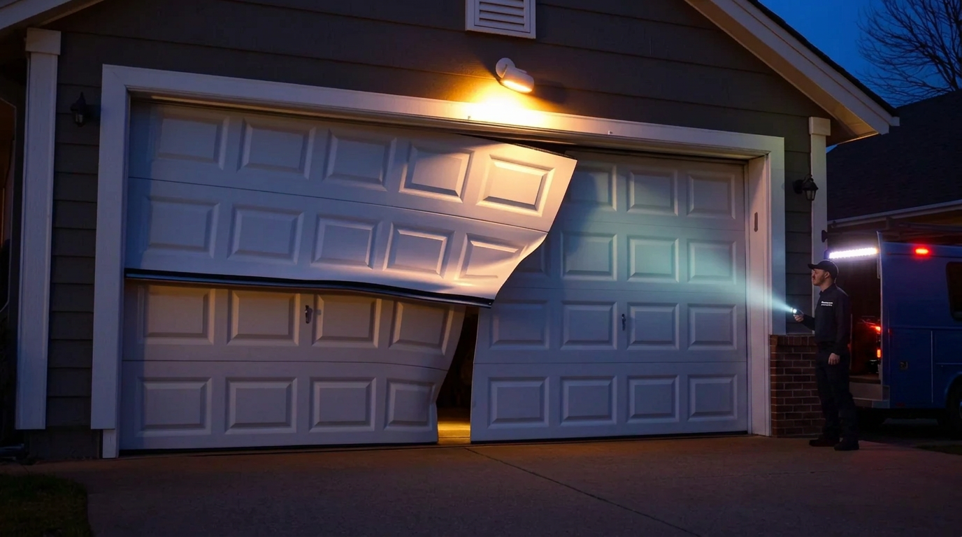 Off-track residential garage door at twilight with technician and service van responding