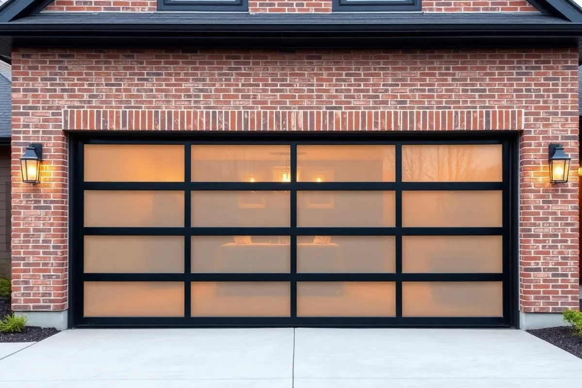 Modern full-view frosted glass and black aluminum garage door in Huntersville NC after upgrade