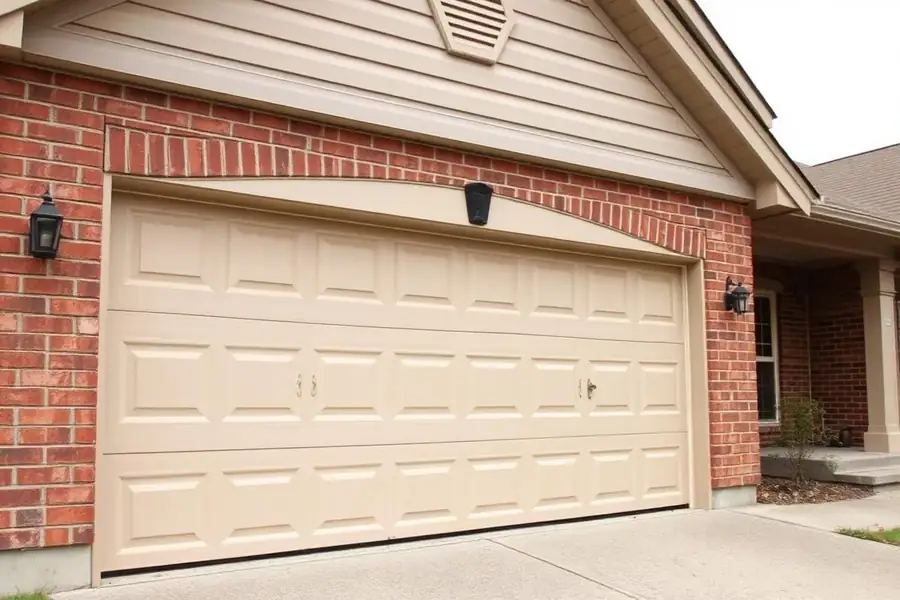 Plain dated beige raised-panel steel garage door on a Huntersville NC home before upgrade