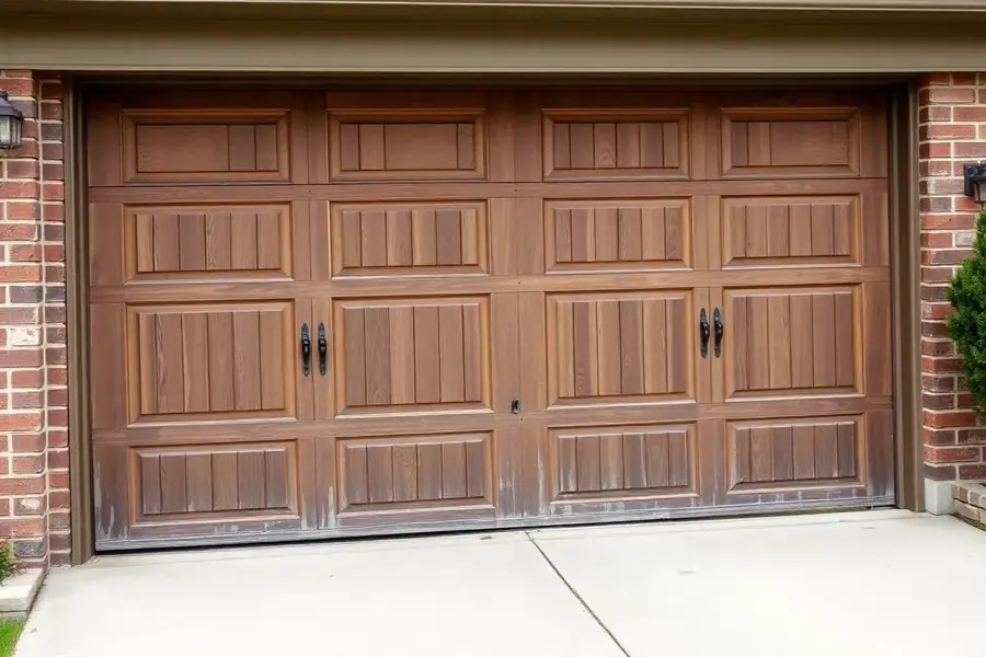 Old weathered wood-panel garage door in Fort Mill SC before replacement