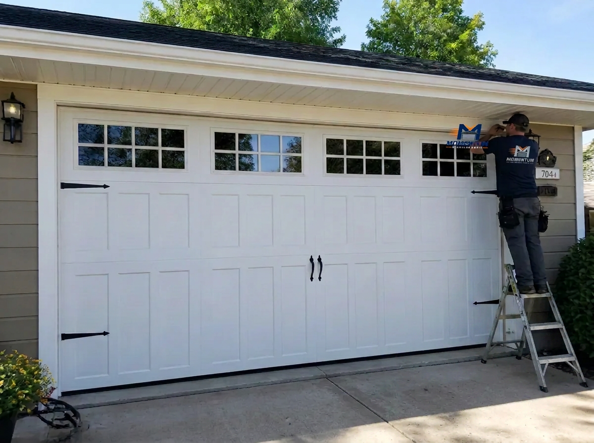 New white carriage-style sectional garage door being installed on a Charlotte area home