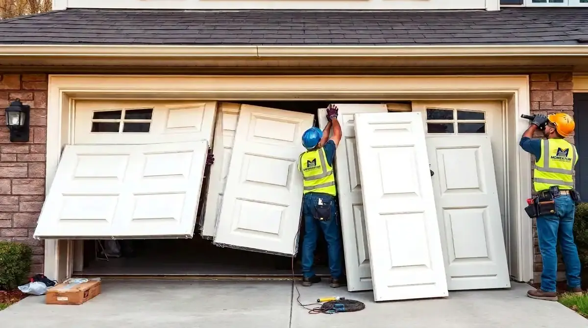 New white sectional garage door being installed by two technicians on a suburban home