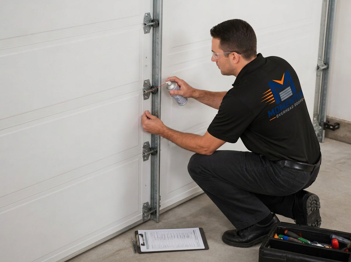 Technician lubricating garage door hinges and rollers during a maintenance inspection