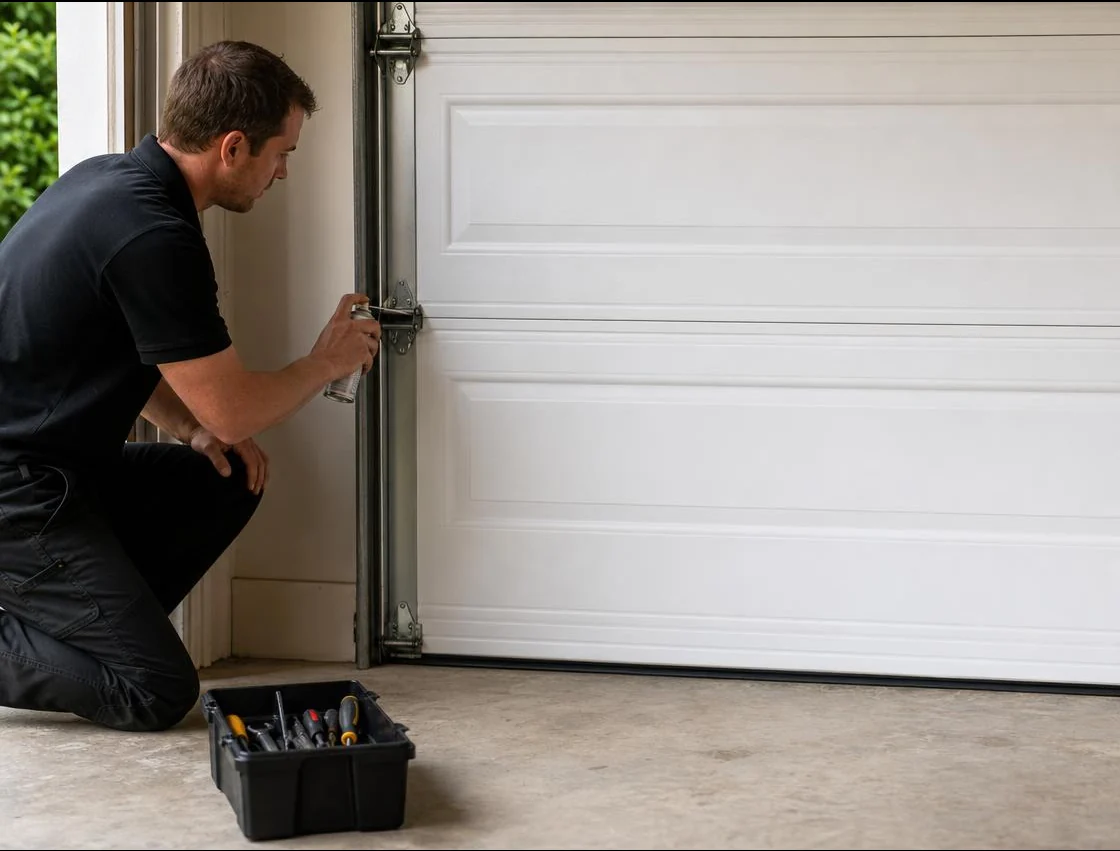 Technician lubricating garage door hinges and rollers during a maintenance inspection