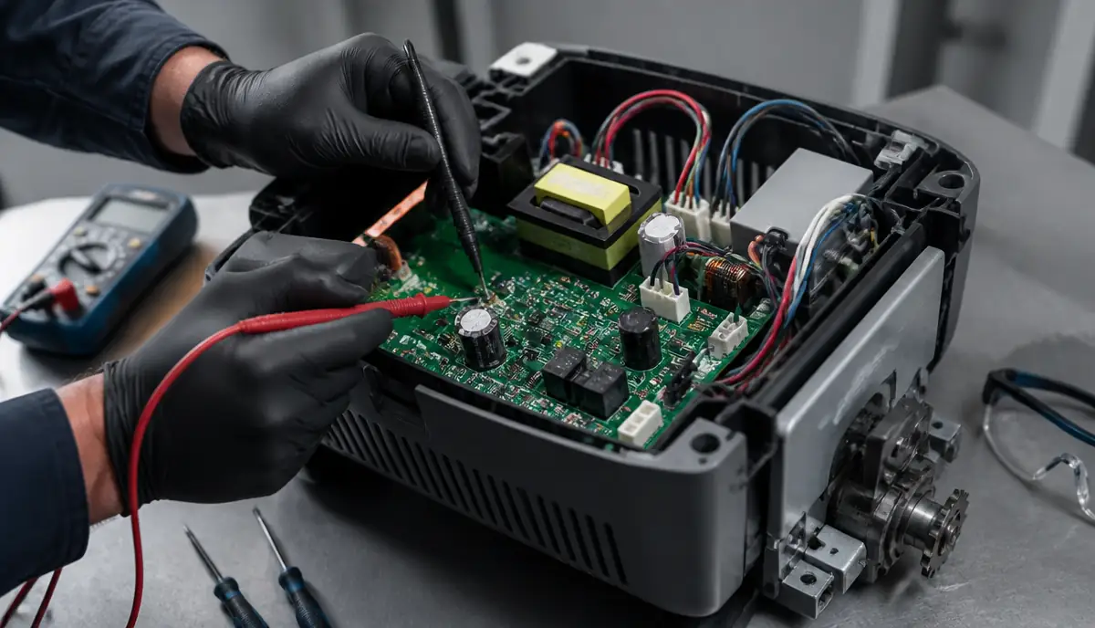 Garage door opener logic board being tested on a bench during a Harrisburg, NC opener repair
