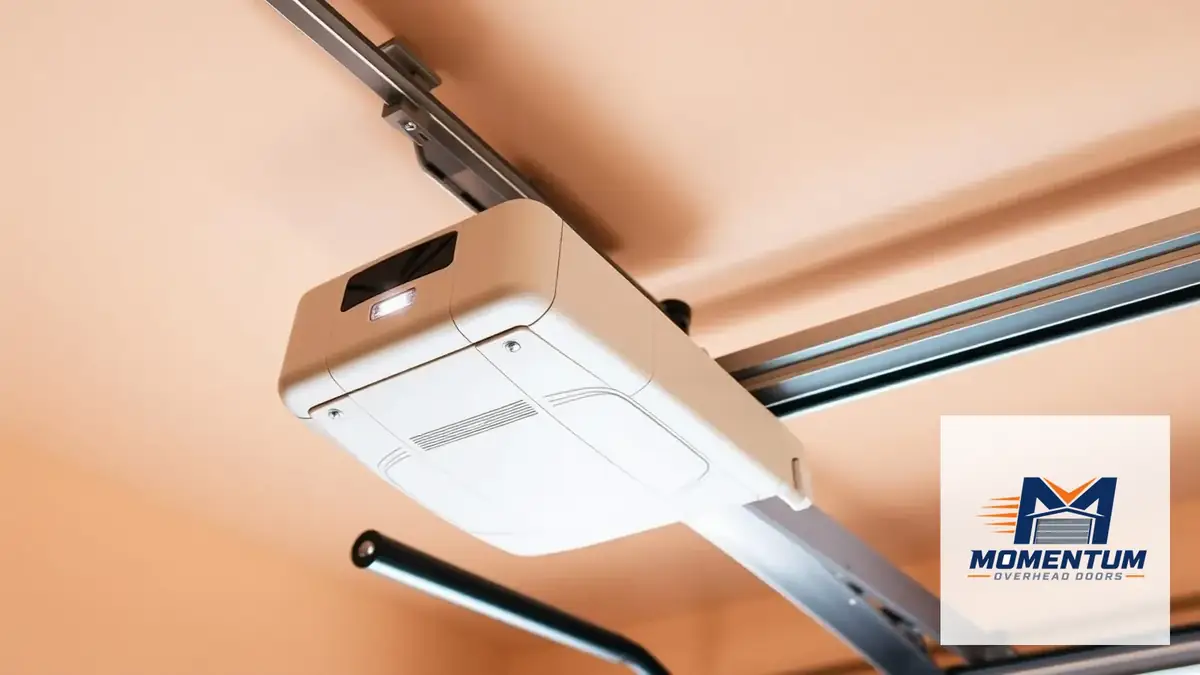 Belt-drive garage door opener installed on the ceiling of a residential garage