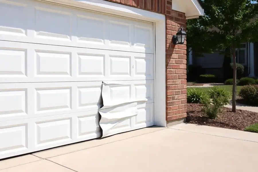 Dented buckled lower panel on a white sectional garage door in Charlotte NC before Momentum repair