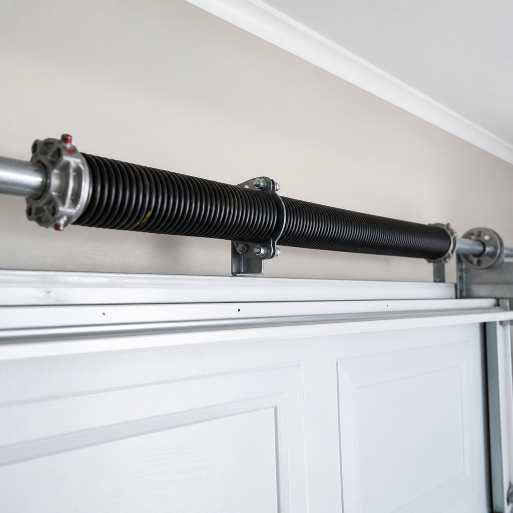 Close-up of a black garage door torsion spring mounted above a white residential garage door