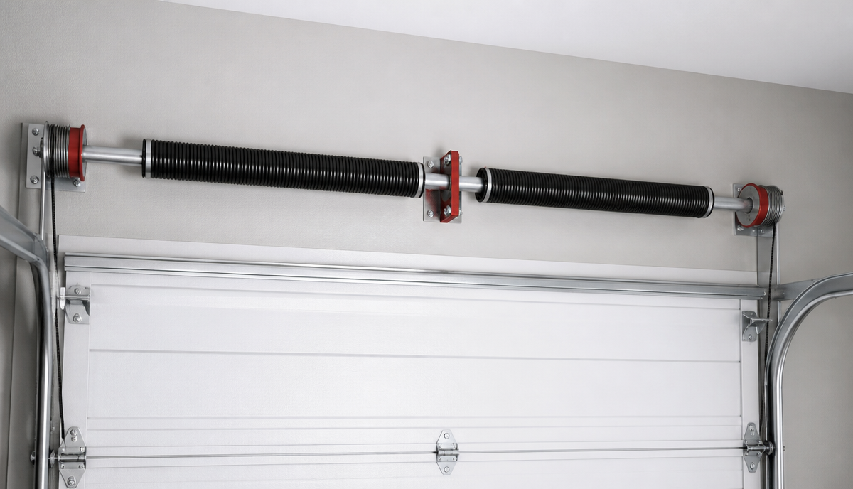 Standard residential garage door torsion spring system with two black torsion springs on a steel shaft