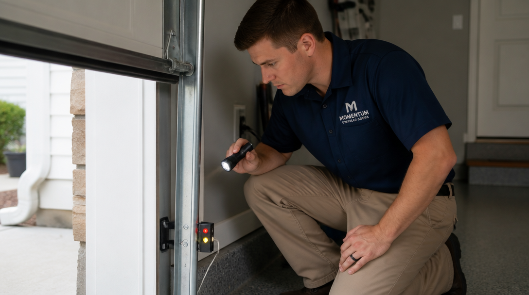 Momentum technician inspecting garage door safety sensors with a flashlight in a Charlotte-area home