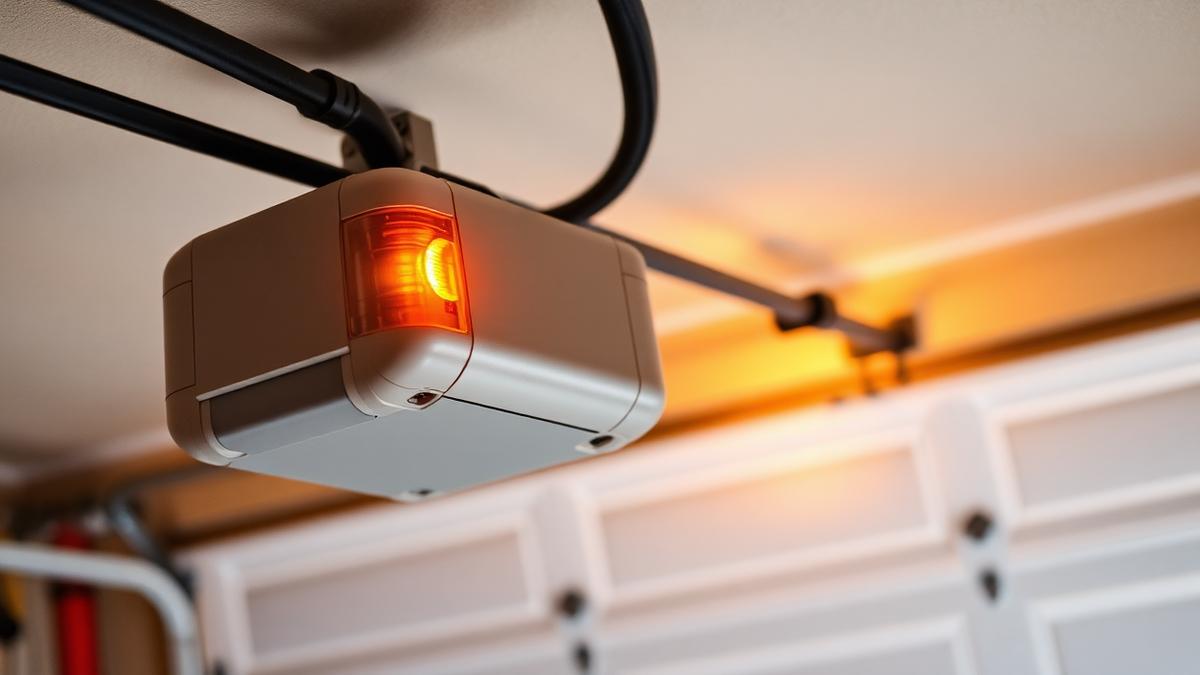 Modern belt-drive garage door opener mounted to a garage ceiling