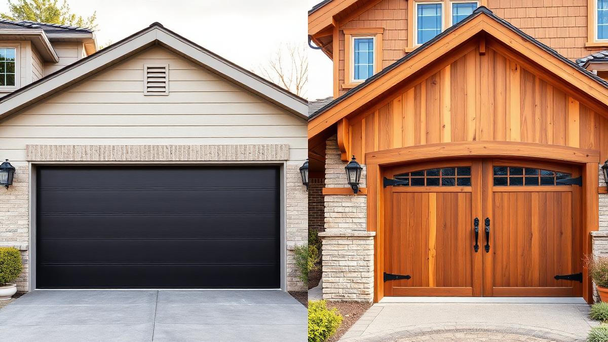 Side-by-side comparison of a modern steel garage door and a wood carriage-style garage door