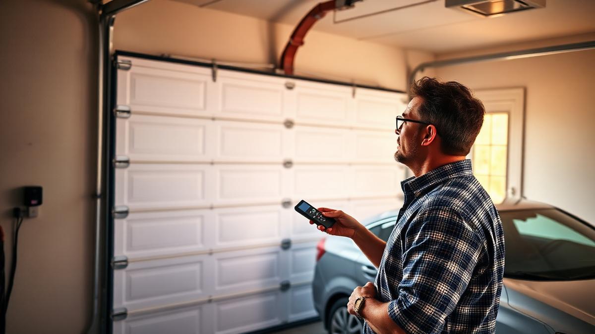Homeowner inspecting a garage door safety sensor at floor level