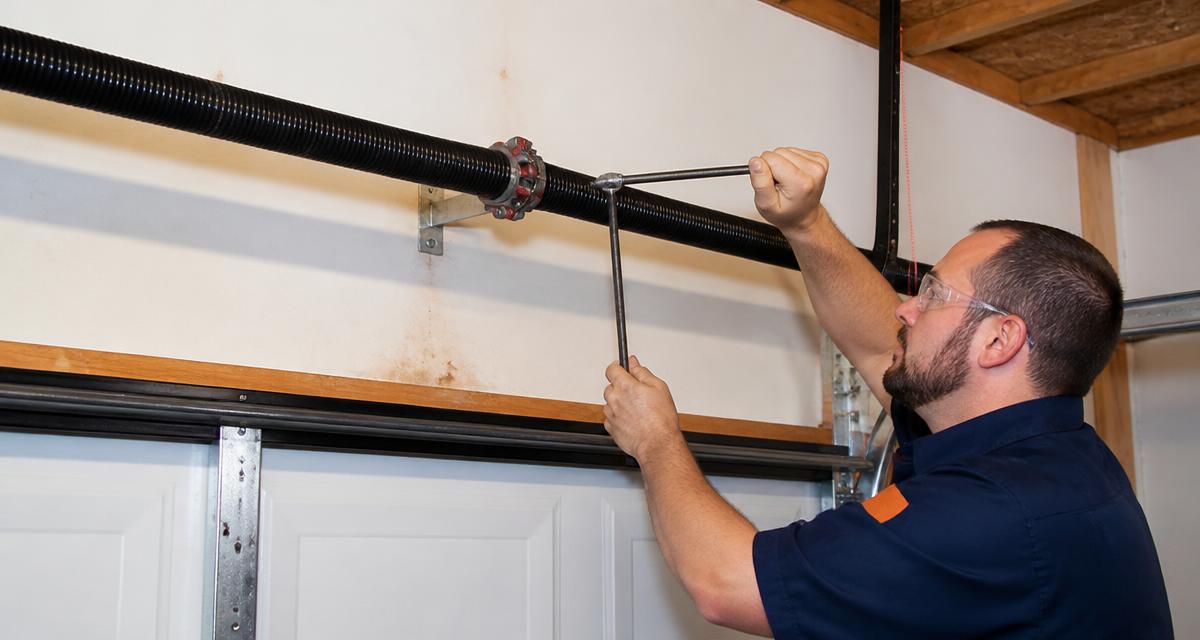 Professional garage door technician in safety gear working on a torsion spring assembly above a door