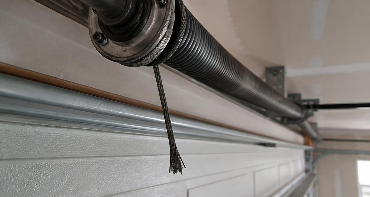 Frayed and snapped garage door lift cable hanging loose beside the cable drum