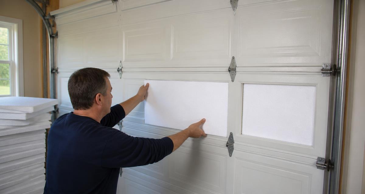 Insulation panel being fitted into the back of a sectional garage door inside a garage