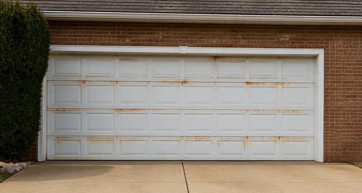 Side-by-side comparison of a weathered old wood garage door and a new white steel garage door
