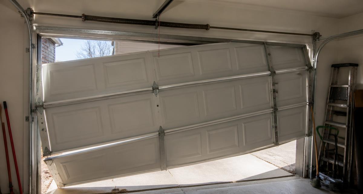 Garage door panel hanging crooked off its track with a bent rail and derailed roller