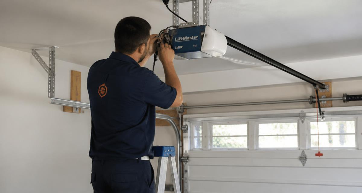 Garage door technician servicing a LiftMaster-style opener motor head next to a wall control panel