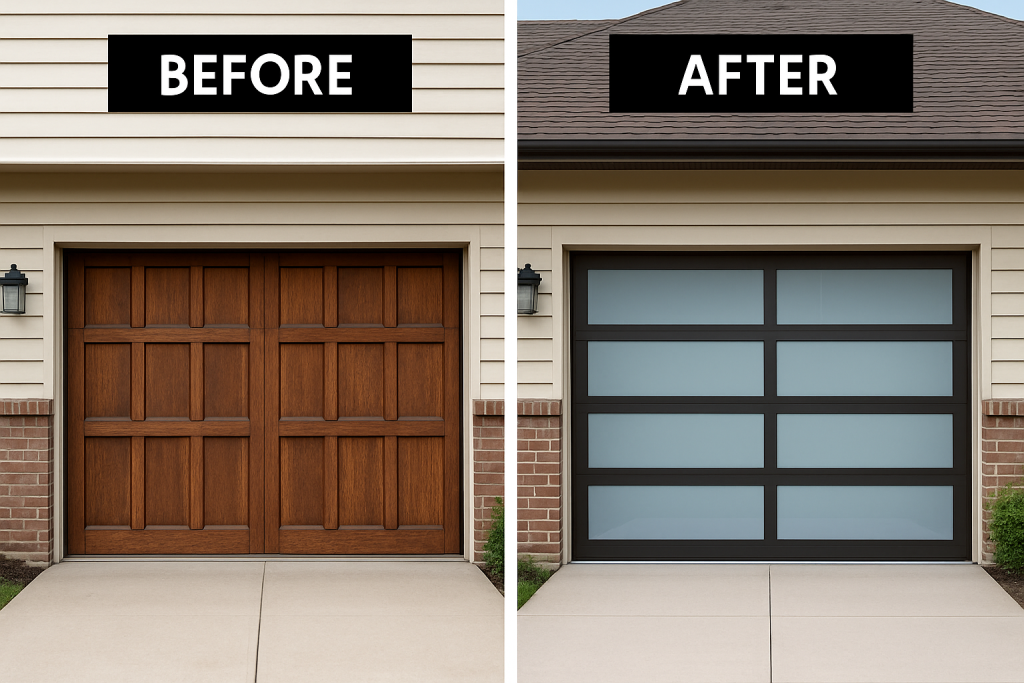 Before and after comparison of a garage door transformation, showcasing a wooden panel door replaced with a modern glass and metal design, emphasizing Momentum Overhead Doors' renovation services in Charlotte, NC.